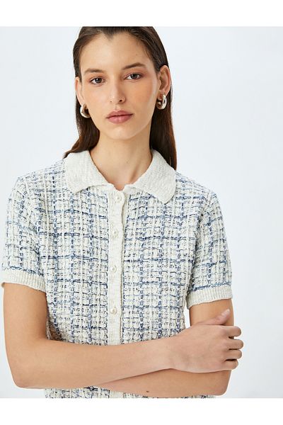 Koton Short Sleeve Polo Neck Knitted Cardigan with Pearl Button Detail