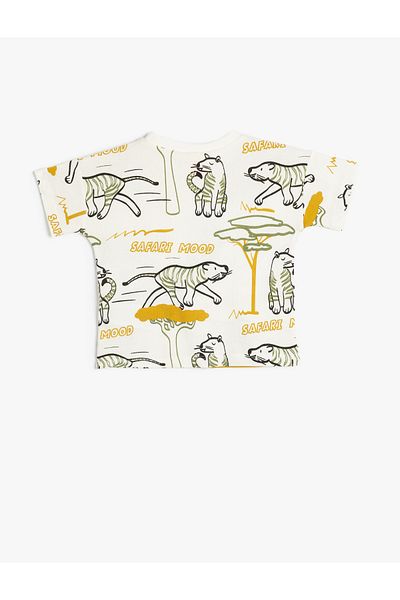 Koton Cotton Short Sleeve T-Shirt - Tiger Print, Crew Neck