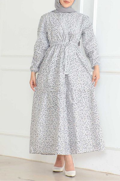 TOFİSA Rochie de damă, dreaptă, medie, gri cu imprimeu, cu mâneci adunate - 26623