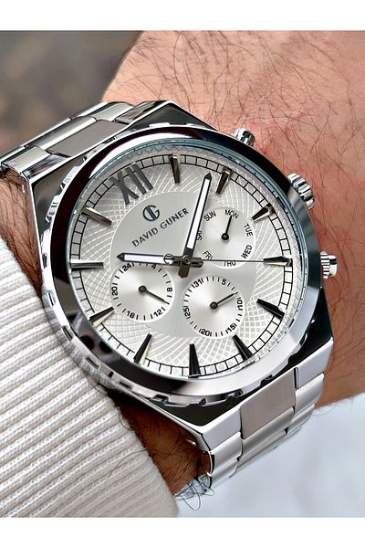 DAVID GUNER Function Silver Color Steel Band Men's Wrist Watch 8410A1