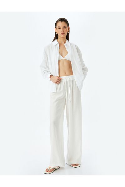 Koton Elastic Waist Tie High Waist Wide Leg Viscose Trousers