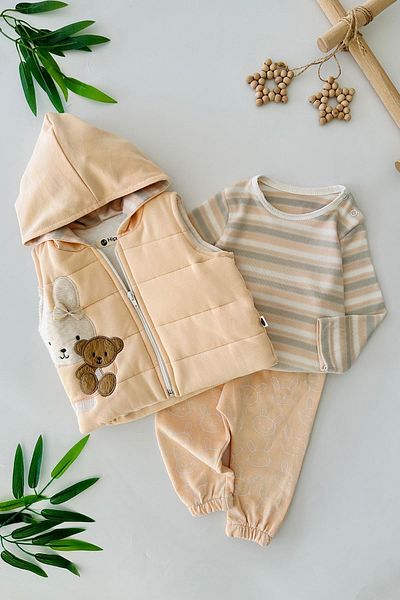 Minigimin Cicileri 6-12 Months Baby Boy Inflatable Coat Set - My Baby's Flowers, Teddy Bear Rabbit Pattern, 3-Piece Set - Salmon