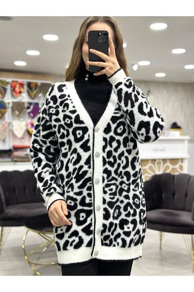 Nefise Μακριά ζακέτα με σχέδιο Angora Leopard
