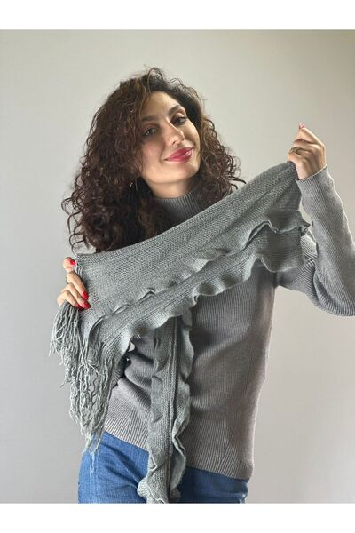 Gönülden Tasarım СІРИЙ ТРИКОТАЖНИЙ ЖІНОЧИЙ ШАРФ З КРІПИМИ 200X25 СМ