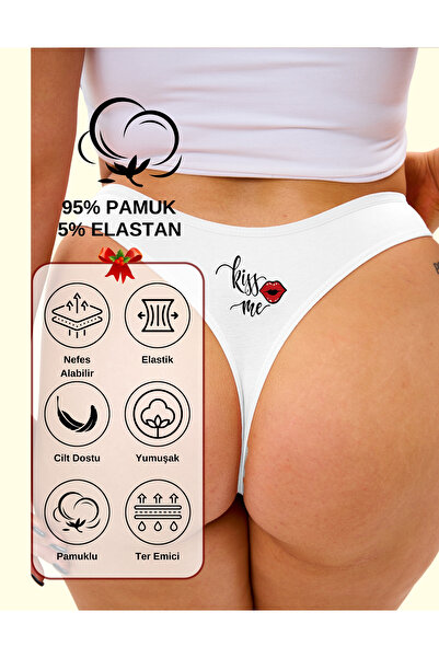 ALYA UNDERWEAR New Year Themed Printed String, White Thong Panties (Kiss Me Printed) Single Pack