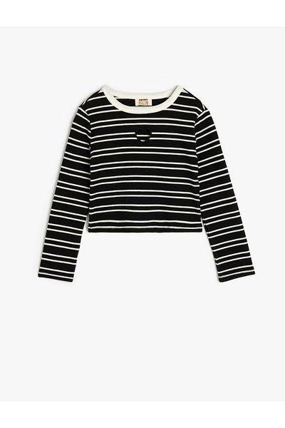 Koton Heart Detailed Striped Crew Neck Black Girl's Sweatshirt 5Skg10161Ak