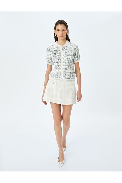 Koton Short Sleeve Polo Neck Knitted Cardigan with Pearl Button Detail