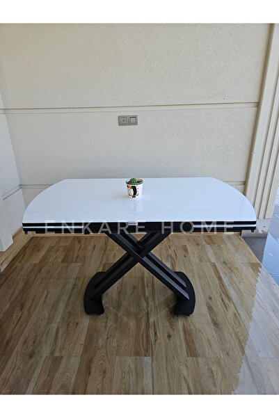 Enkare X Ayaklı Beyaz Masa, Mdf Açılabilir Salon ve Mutfak Masası 80x130-190
