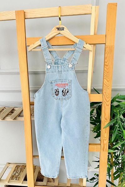 Minigimin Cicileri Flowers of My Mini Mcky Pocket Detailed Girls' Jeans Salopet - Light Blue