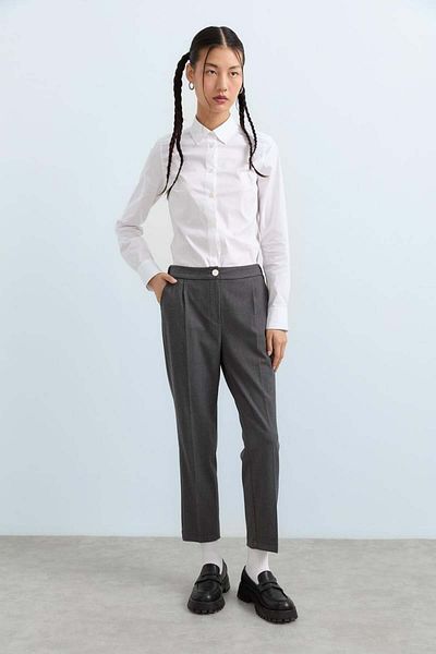 Nihan Ankle Length Carrot Trousers with Back Elastic Waist - Gray