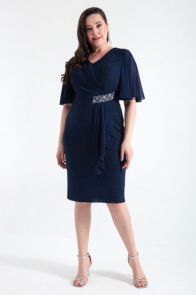 Lafaba Women's Navy Blue V-Neck Short Sleeve Plus Size Midi Evening Dress
