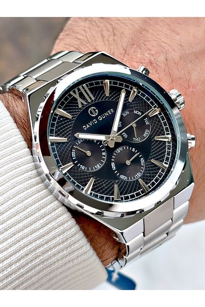 DAVID GUNER Function Silver-Black Color Steel Band Men's Wrist Watch 8410A2