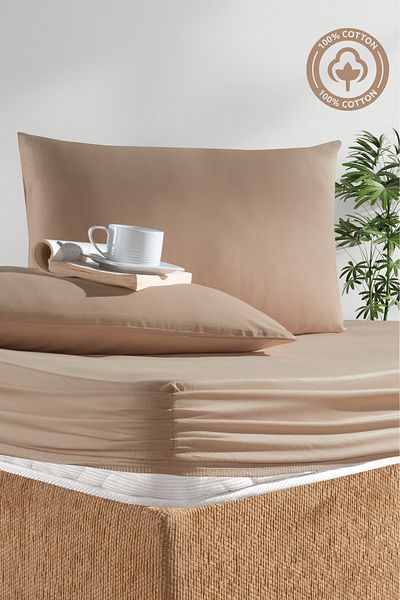 CEMETEKS FİRUZE 100% Cotton Beige Single Ranforce Fabric Fitted Sheet Pillowcases Set /100X200/120X200/