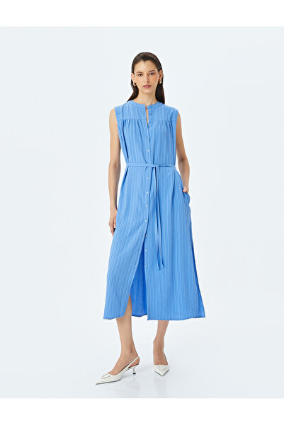 Koton Yuvarlak Yaka Kolsuz Kuşaklı Dokulu Uzun Gömlek Elbise