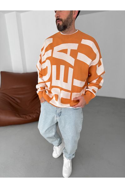 BYBASICMAN Orange Letter Embroidered Knitted Sweatshirt Jj-103