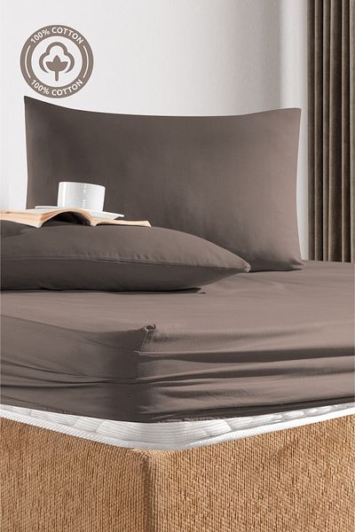 CEMETEKS FİRUZE 100% Cotton Coffee Single Ranforce Fabric Fitted Sheet Pillowcases Set /100X200/120X200/