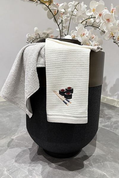 Sevim Kitchen Towel Set of 2 - Light Grey & Sushi Figured - 100% Cotton 40X60 cm