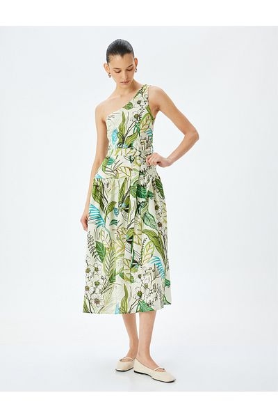 Koton Midi-Länge gefüttertes Viskose-Kleid mit Blumenmuster und einer Schulter