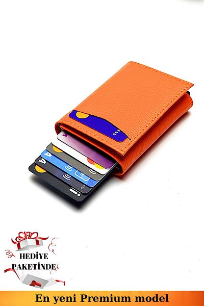 VANİLLA COLLECTİON Unisex Vegan Leather Orange Wallet Card Holder Portfolio Gift Package with Money Compartment and Automatic Mechanism?