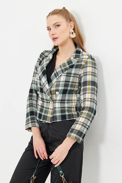 armonika Women's Mint-Black Double Breasted Collar Tweed Crop Jacket Arm-24K 001014