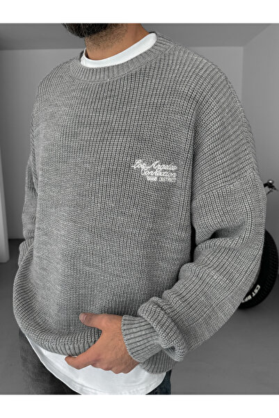 BYBASICMAN Gri Los Angeles Nakışlı Örme Kazak PM-142