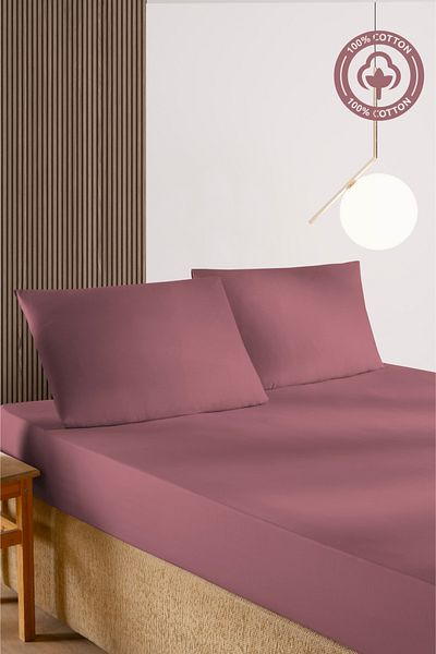 CEMETEKS FİRUZE 100% Cotton Dusty Rose Single Ranforce Fabric Fitted Sheet Pillowcase Set /120X200/