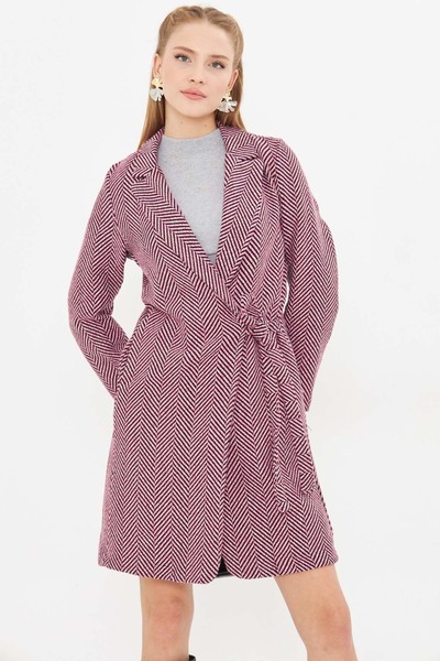 armonika Women's Pink Side Tie Fish Back Pattern Long Stamp Coat Arm-24K 001010