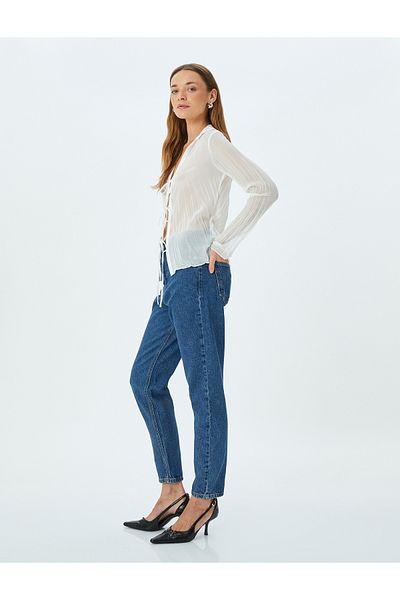 Koton High Waist Loose Fit Straight Short Leg Button-Down Cotton Jeans with Pockets - Mom Jean