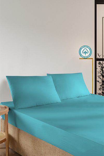 CEMETEKS FİRUZE 100% Cotton Turquoise Single Ranforce Fabric Fitted Sheet Pillowcases Set /100X200/120X200/