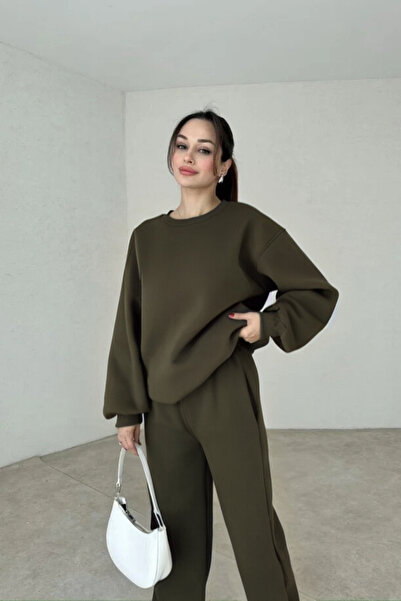 YAKAMEL Women's 3 Yarn Oversize Crew Neck Tracksuit Set