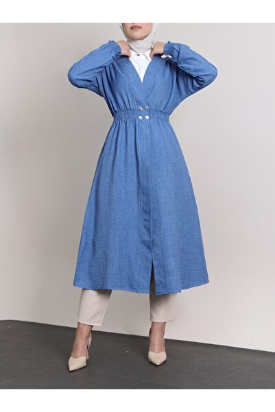 Modamorfo Kolu Ve Beli Lastikli Çıtçıtlı Keten Kap -indigo