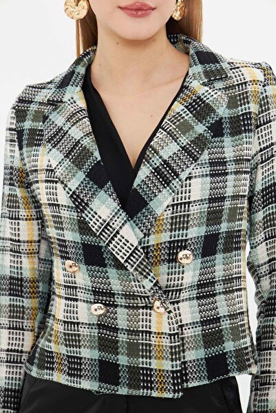 armonika Women's Mint-Black Double Breasted Collar Tweed Crop Jacket Arm-24K 001014