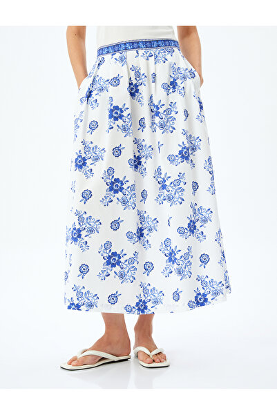 Koton Cotton High Waist Pocket Floral Long Poplin Skirt
