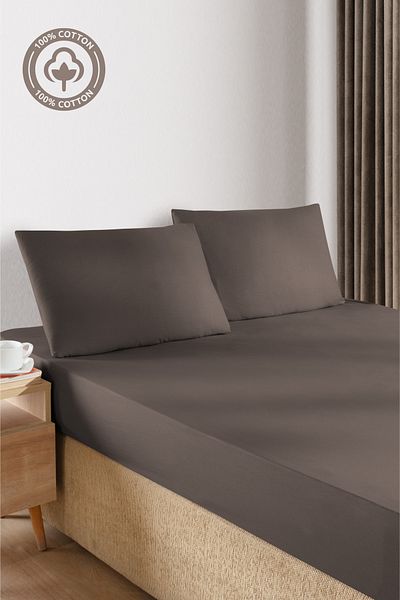 CEMETEKS FİRUZE 100% Cotton Coffee Single Ranforce Fabric Fitted Sheet Pillowcases Set /100X200/120X200/