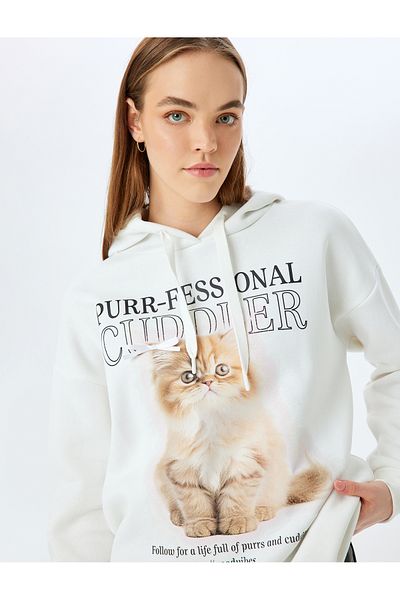 Koton Raster Hooded Cat Printed Long Sleeve Comfortable Fit Sweatshirt