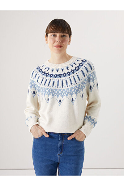 LC Waikiki Ekru Bisiklet Yaka Desenli Kadın Triko Kazak