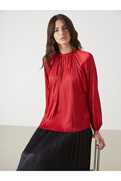 LC Waikiki Red Mock Neck Oversized Satin Women's Blouse