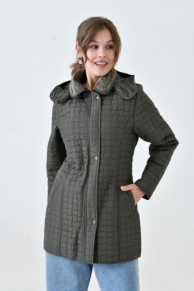 Butik Women's Plus Size Fur Lined Quilted Coat Jacket with Hooded Pockets - Skinny Fit