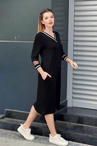 Zer Otantik V Neck Pocket Midi Length Dress Black