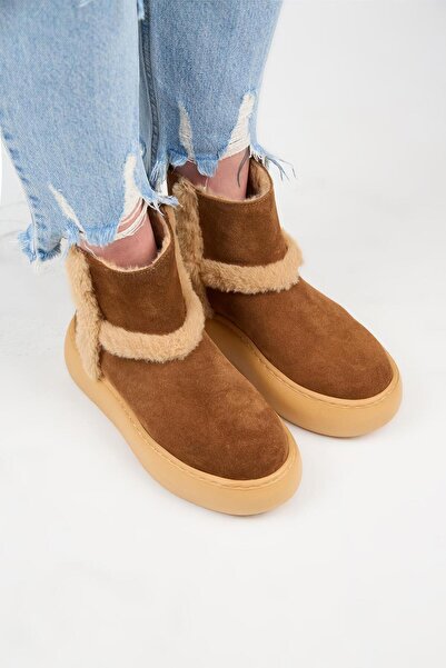 Manijero (Azura) Kadın Hakiki Deri İçi Kürklü Ve Kürk Şeritli Taba Bot