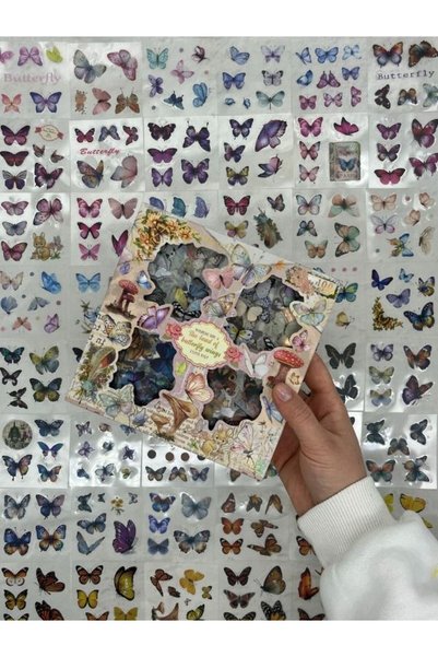 Kağıt Gemi Dükkan 4 Bölmeli 100 Yaprak 600 Adet Özel Tasarım Retro Soft Renk Kelebekli Sticker Set /Etiket /Çıkartma