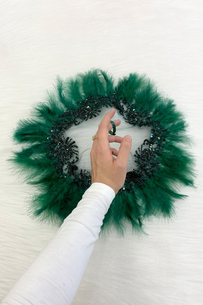 ZEYMERADE منديل زفاف Vip أخضر، مزين باللؤلؤ والريش ومزين بتفاصيل فاخرة ومزخرف...