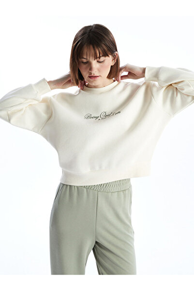 LC Waikiki Γυναικείο χοντρό φούτερ LCW Vision Beige Crew με στάμπα Oversize