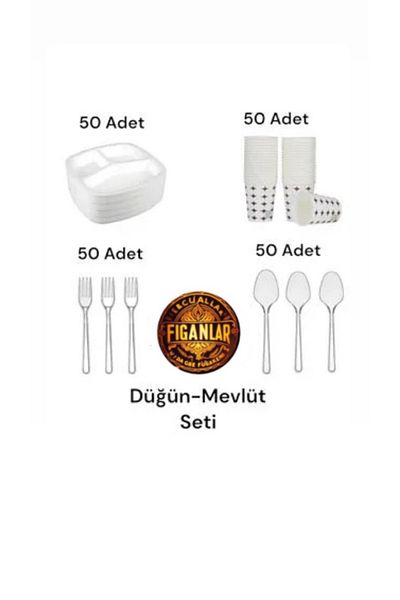 figanlar ambalaj Set of 3 Compartments of Foam Plates 50 Pcs Plates, Cups, Forks, Spoon + Garbage Bag