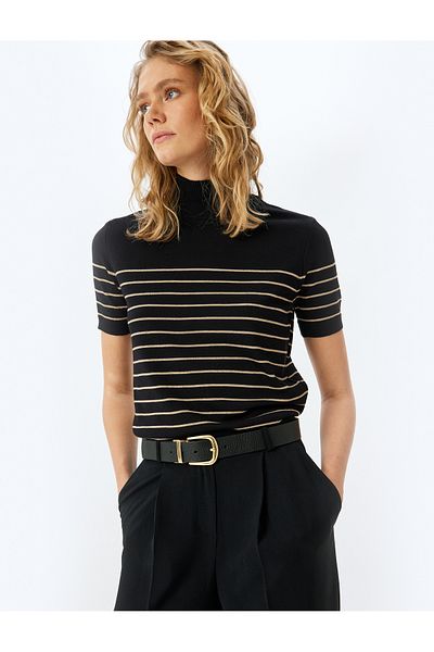 Koton Short Sleeve Stand Collar Striped Knitwear Sweater