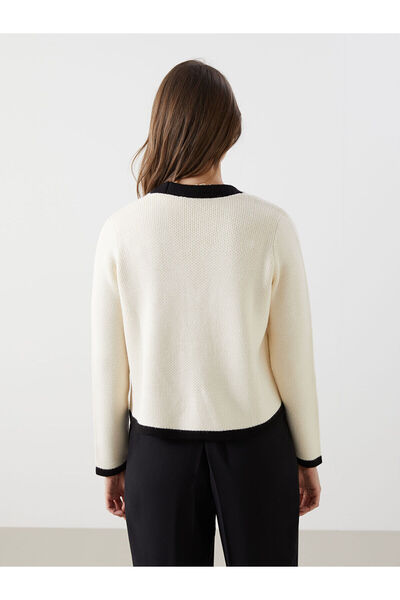 LC Waikiki Lcw Modest Ecru V-Neck Textured Women's Knitwear Cardigan