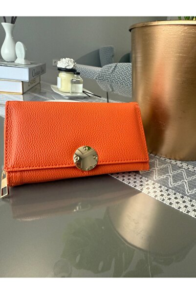 ilknurbutik Orange Color Gold Plated Detailed Multi-Compartment Women's Wallet