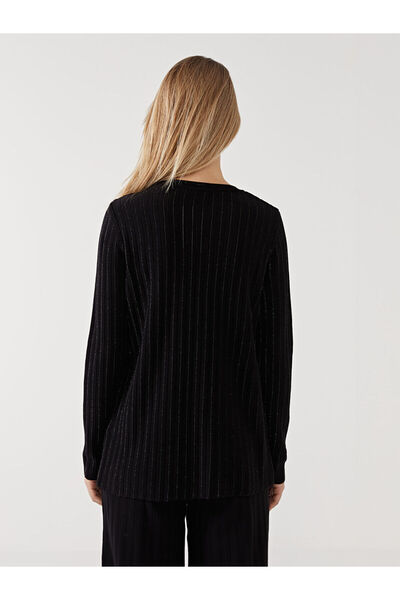 LC Waikiki Black Crew Neck Striped Women's Knitwear Sweater