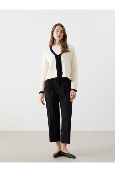 LC Waikiki Lcw Modest Ecru V-Neck Textured Women's Knitwear Cardigan