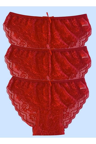 MİSS ELİZZA Red Lace Panties - 3 Pieces Full Set